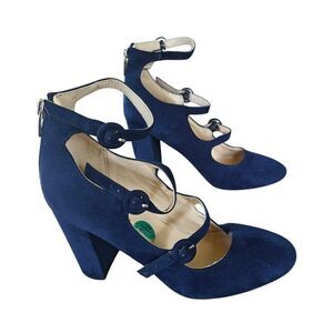 Marc Fisher Mary Jane Block Heels Womans Size 7.5 Triple Buckle Blue Suede